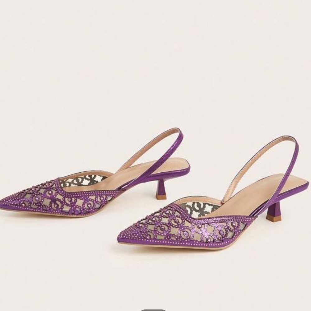 NIB Purple Rhinestone Decorated Kitten Heel Slingback Sandal, Size 39 (US 8-8.5) - Picture 2 of 10